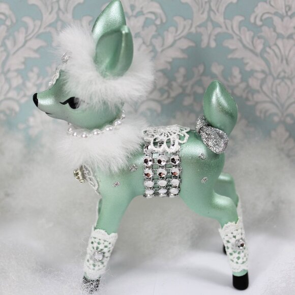 Mint Green Deer Bottle Brush Trees Vignette: Christmas Deer Trees House Set - Picture 5 of 13